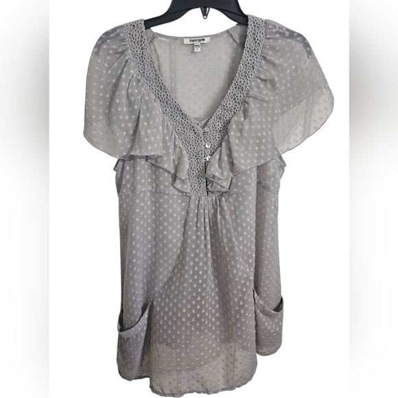Daniel Rainn Tops - Daniel Rainn Gray Polka Dot Baby Doll Ruffle Flutter Sleeve Tunic Blouse Sz L
